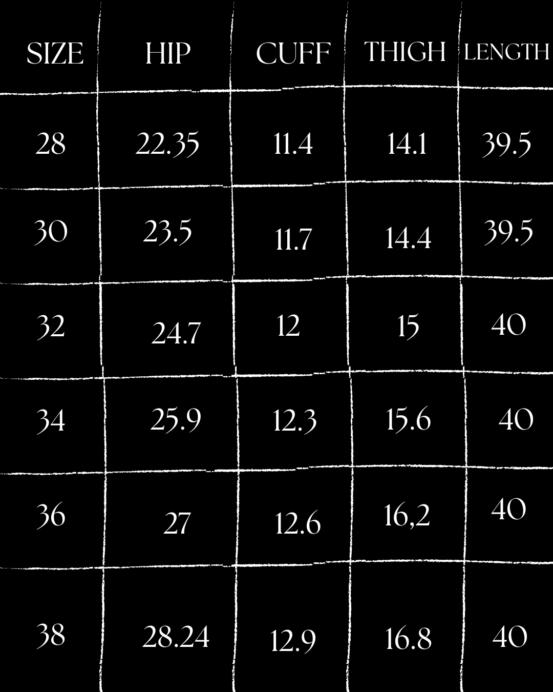 Chameleon - Utility Denim size chart