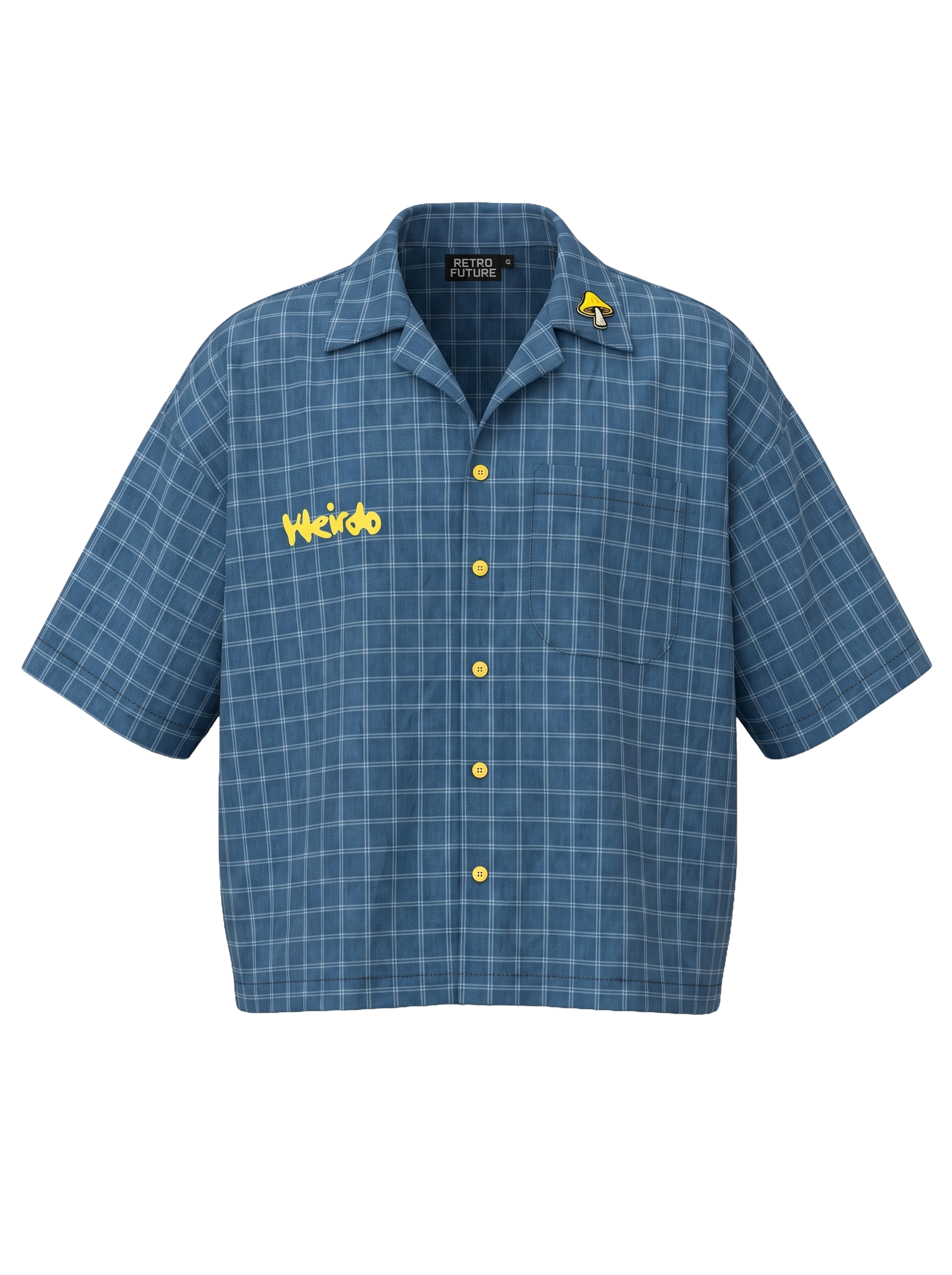 A blue and gray plaid short-sleeve button-up shirt with yellow buttons, featuring 'Werewolf' embroidered in yellow on the left chest and a small yellow werewolf graphic on the right collar, shown against a plain white background.