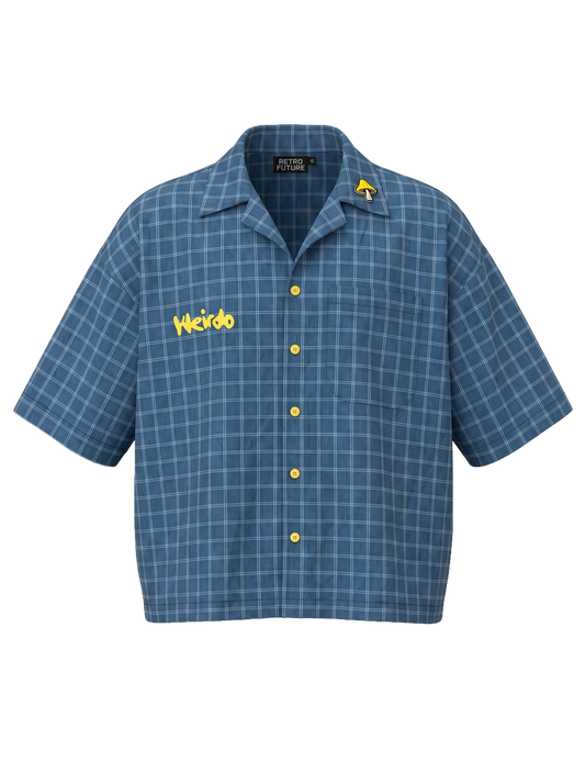 A blue and gray plaid short-sleeve button-up shirt with yellow buttons, featuring 'Werewolf' embroidered in yellow on the left chest and a small yellow werewolf graphic on the right collar, shown against a plain white background.