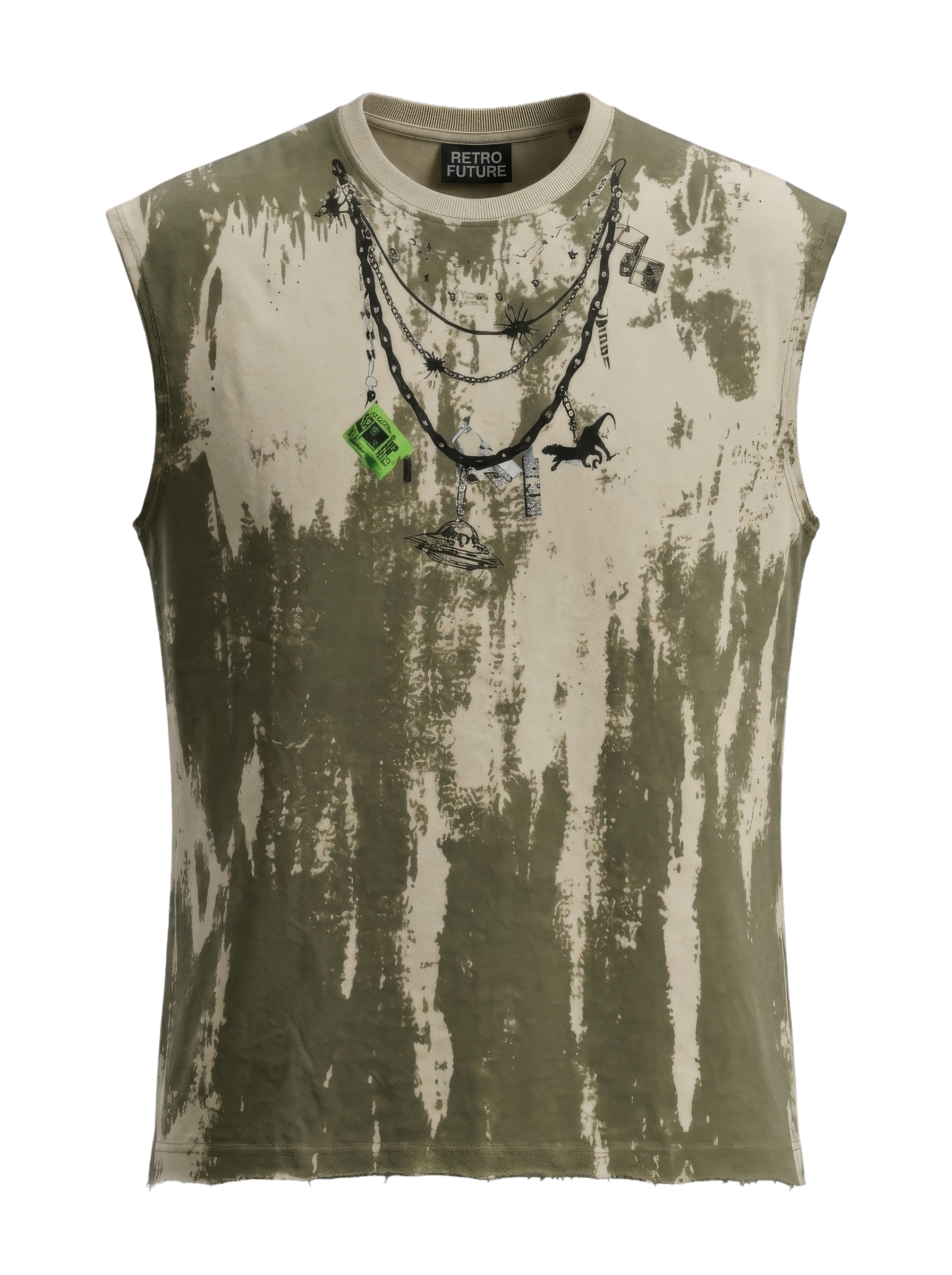 Sleeveless shirt with abstract design and necklace on a white background