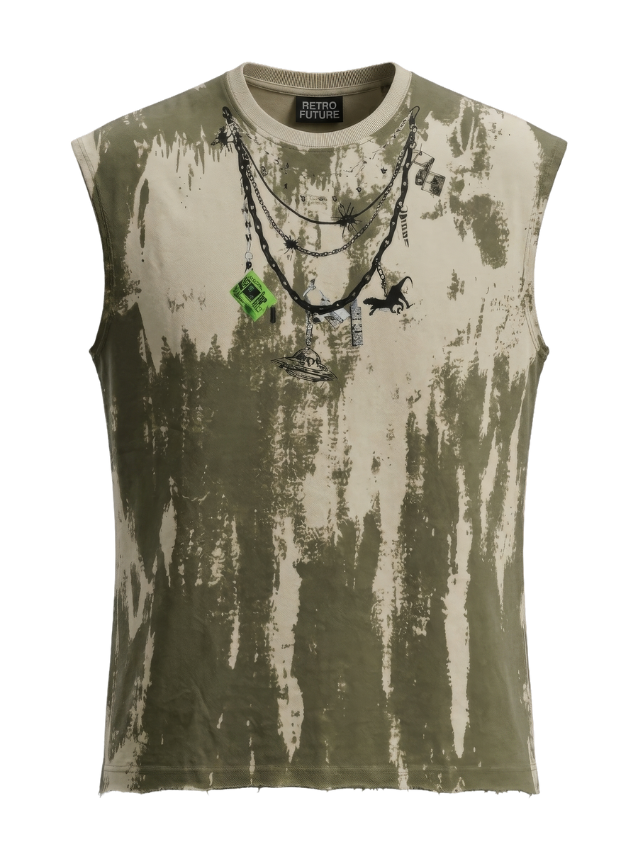 Sleeveless shirt with abstract design and necklace on a white background
