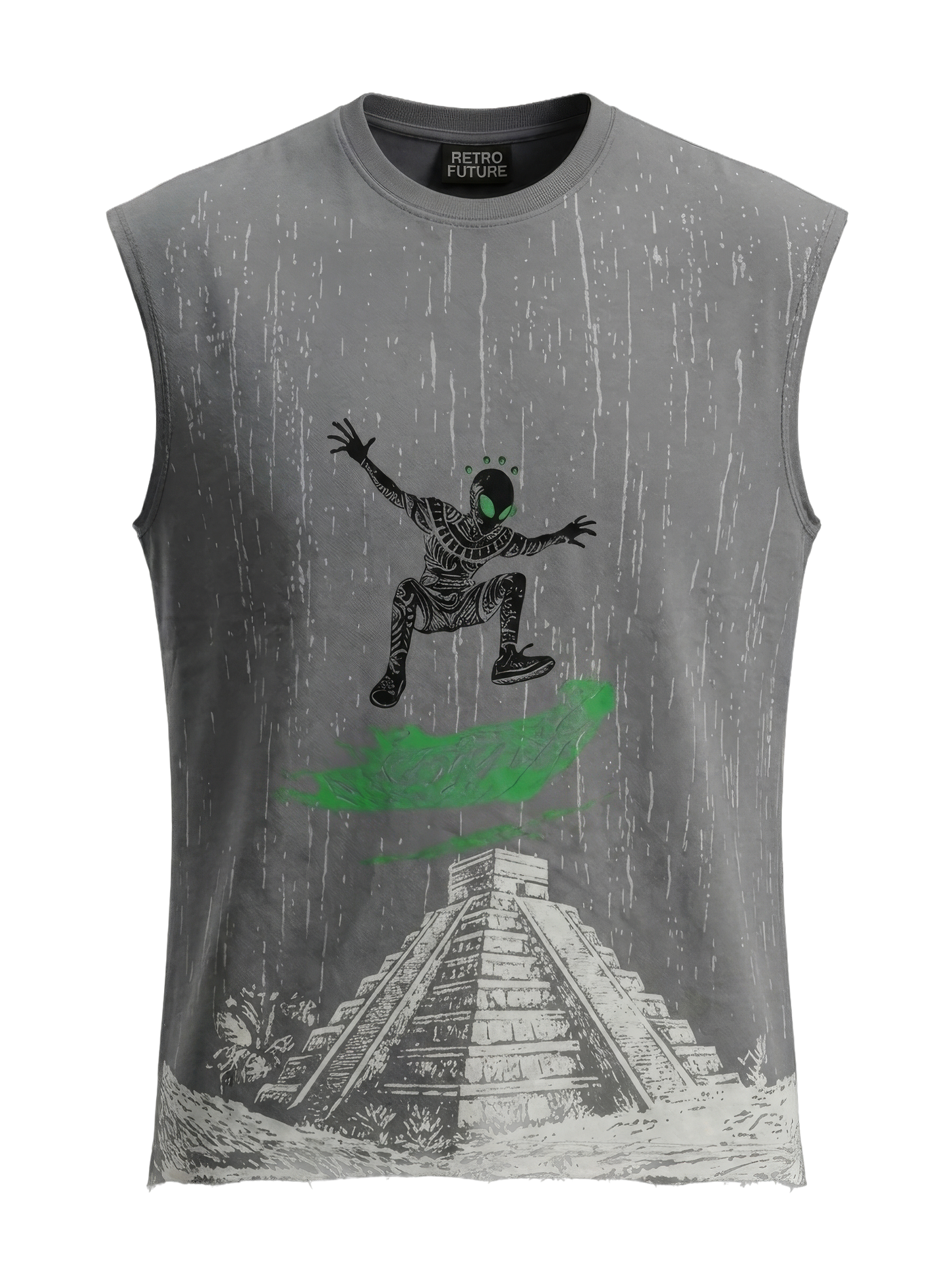 Gray sleeveless shirt with graphic design of a person on a pyramid and text.