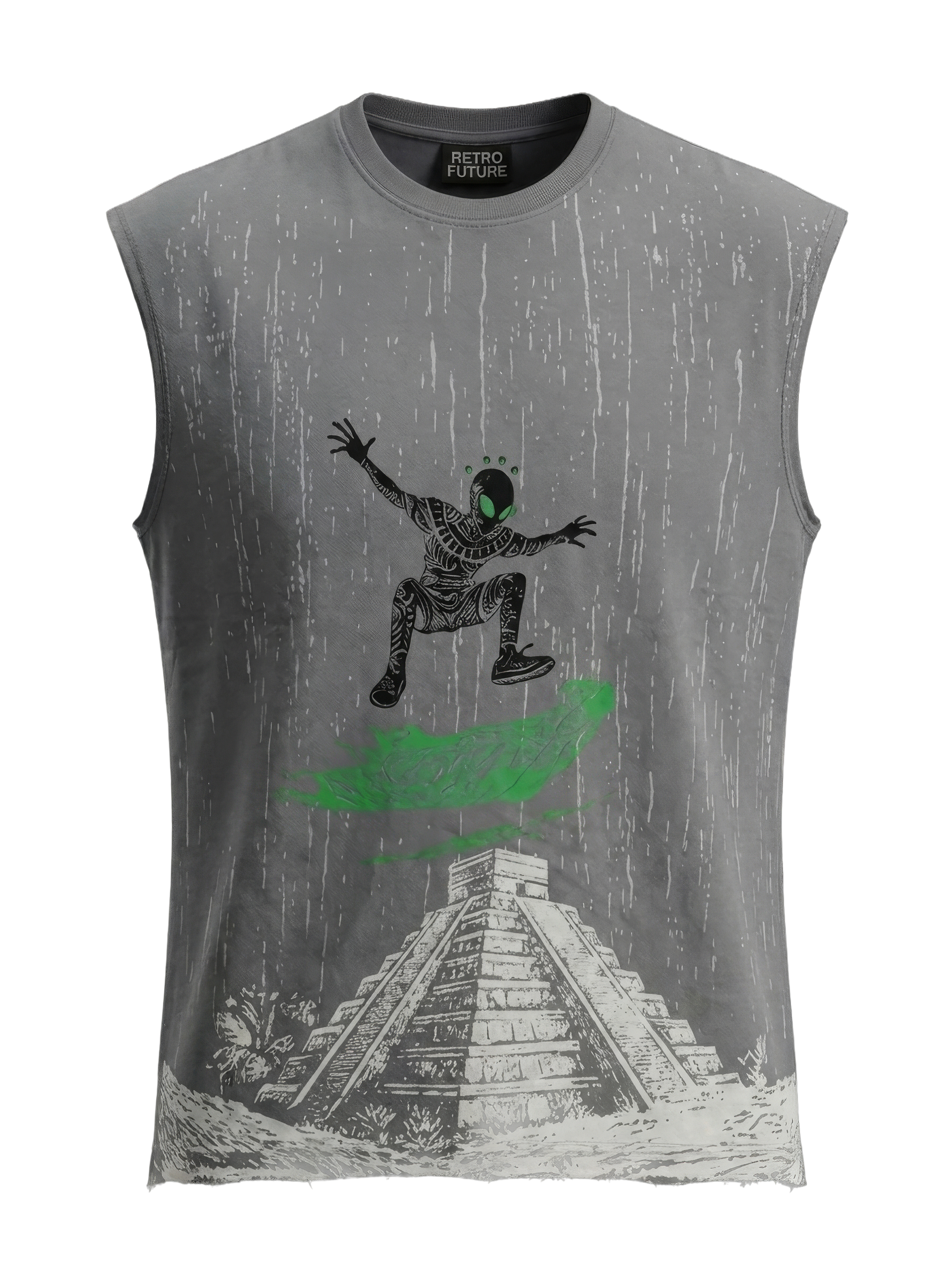 Gray sleeveless shirt with graphic design of a person on a pyramid and text.
