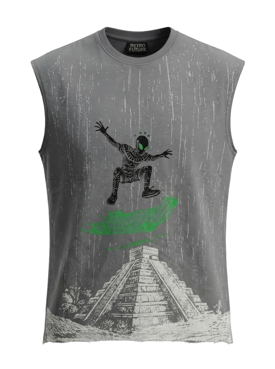 Gray sleeveless shirt with graphic design of a person on a pyramid and text.