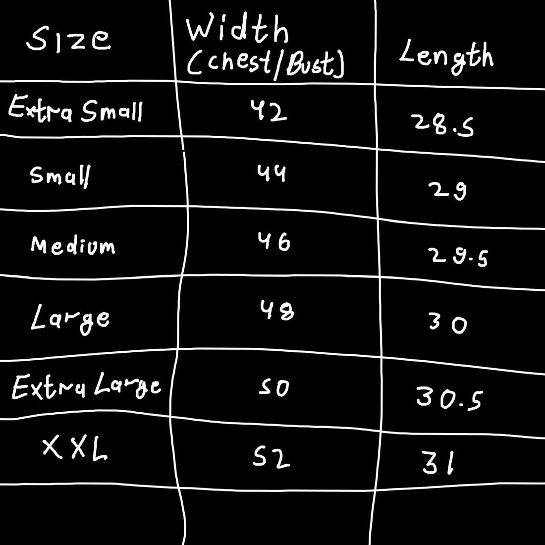 The Green Tee size chart