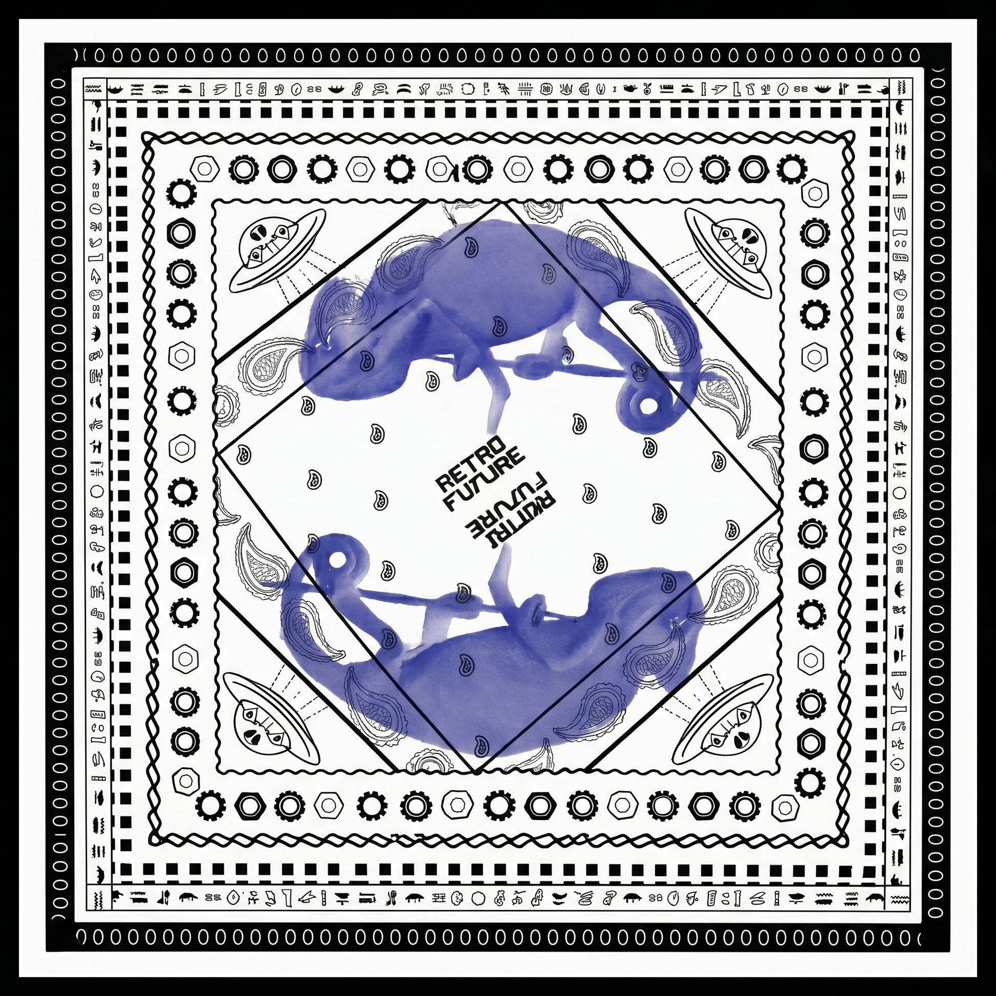 Decorative bandana with blue elephant design and 'Retro Future' text on a white background