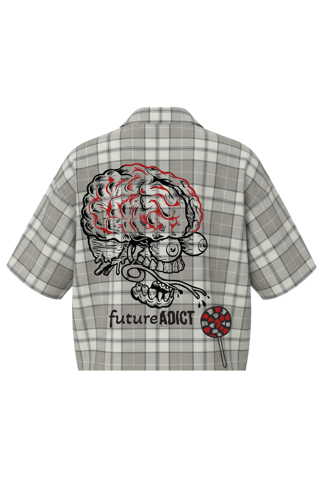 Plaid shirt with graphic design on the back featuring a brain and text on a white background