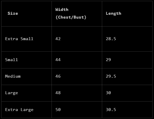 Visualize World Peace T-Shirt size chart